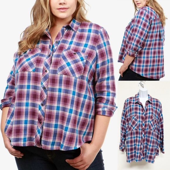 Lucky Brand Womens Plus Purple Plaid Long Sleeve Utility Flannel Shirt Size 3X - Picture 1 of 7